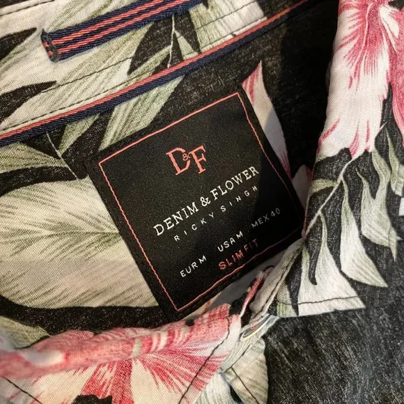 Denim & Flower Mens Poplin Hawaiian Flower Floral Button Up Short Sleeve M New - Picture 7 of 9